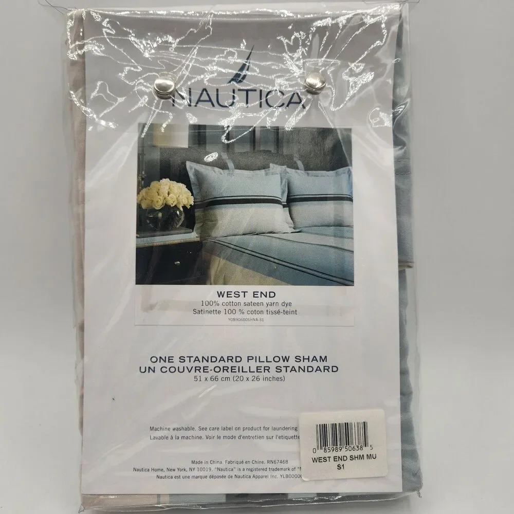 Nautica West End One Standard Pillow Sham 20 x 26 Cotton Teal Brown Tan Stripes